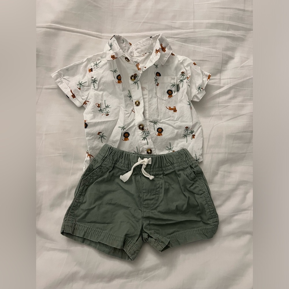 White Safari Print Shirt and Green Shorts Set